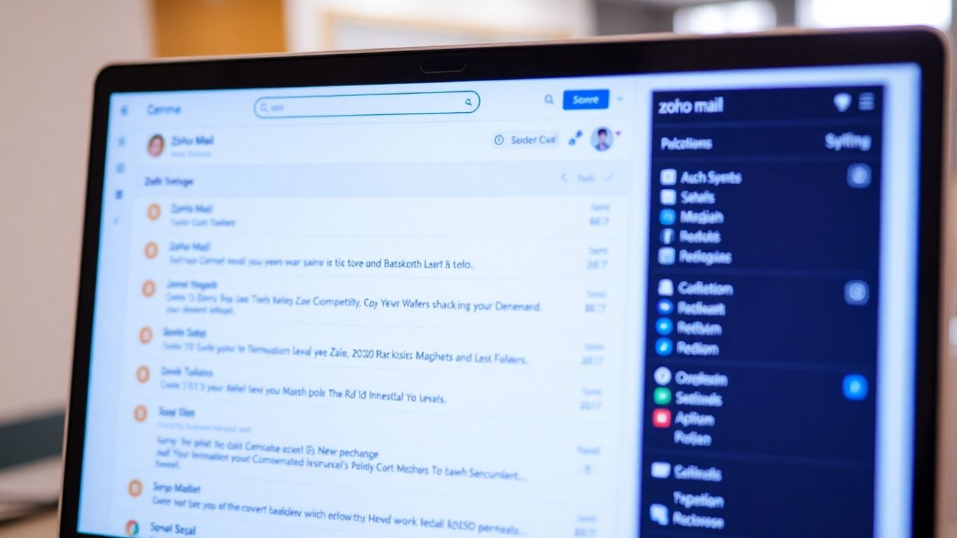 Zoho Mail interface with inbox and folders