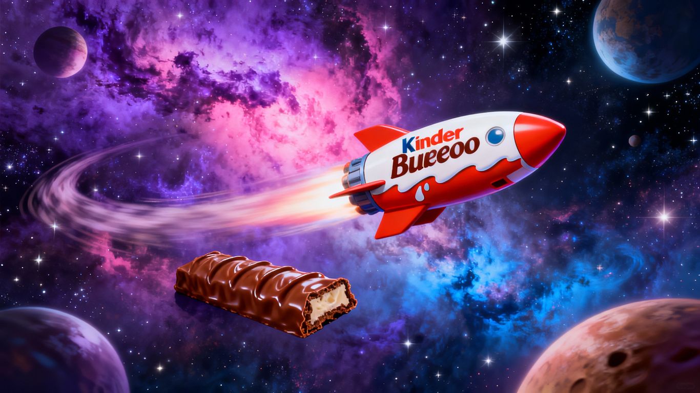Kinder Bueno bar in space with a rocket ship.