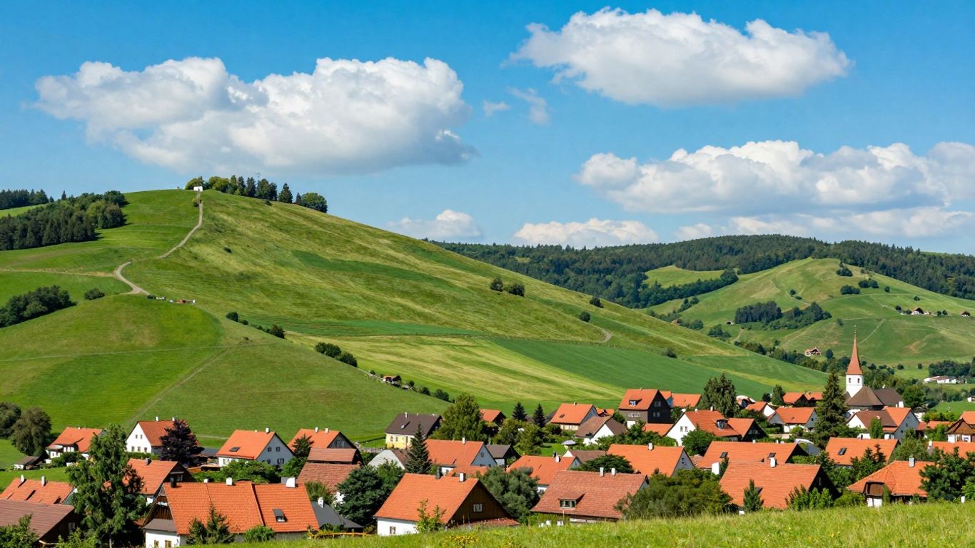 Hessische Schulferien 2026 Landschaft mit Bergen und Dorf