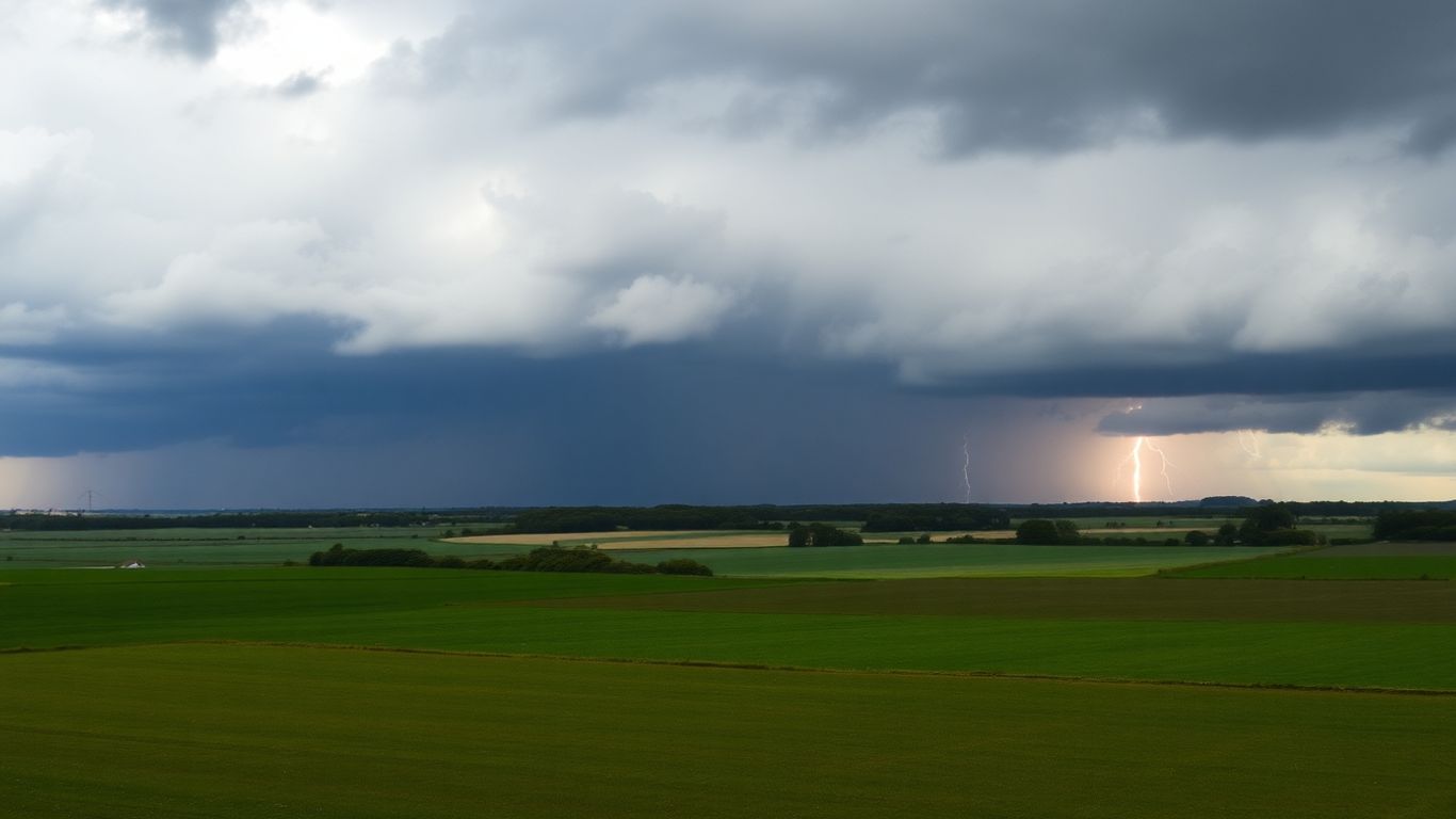 Ciel orageux avec éclairs sur la campagne du Calvados.