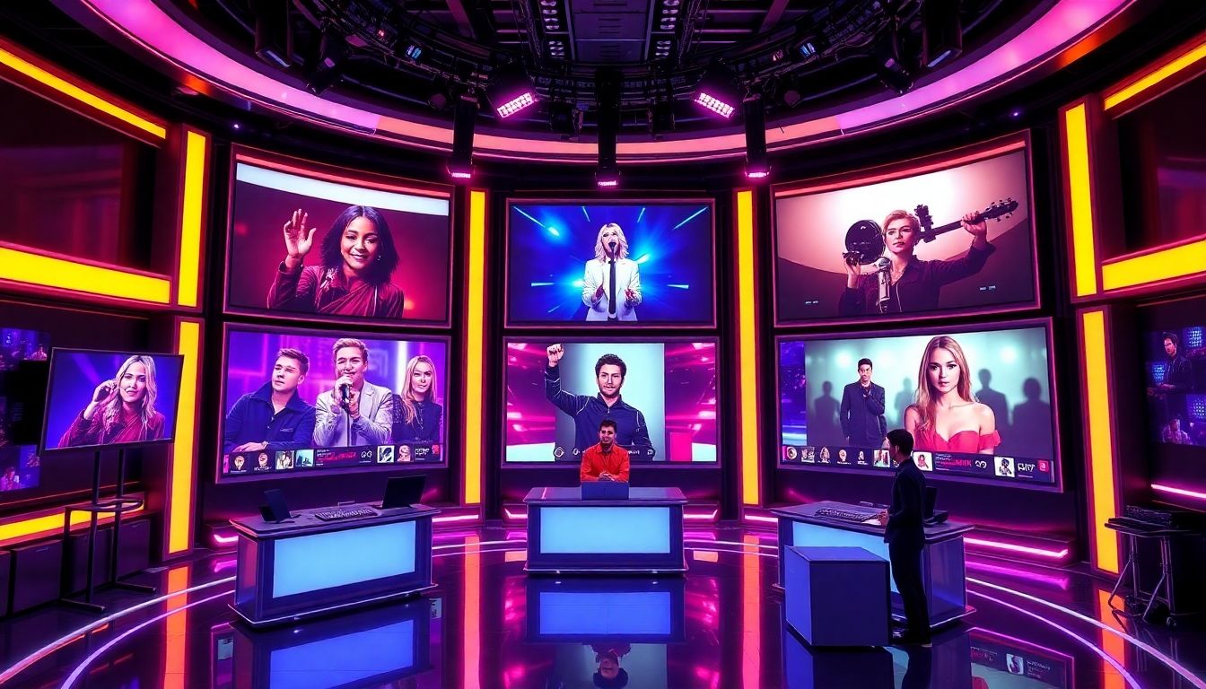 AI hosts in futuristic neon-lit music TV studio
