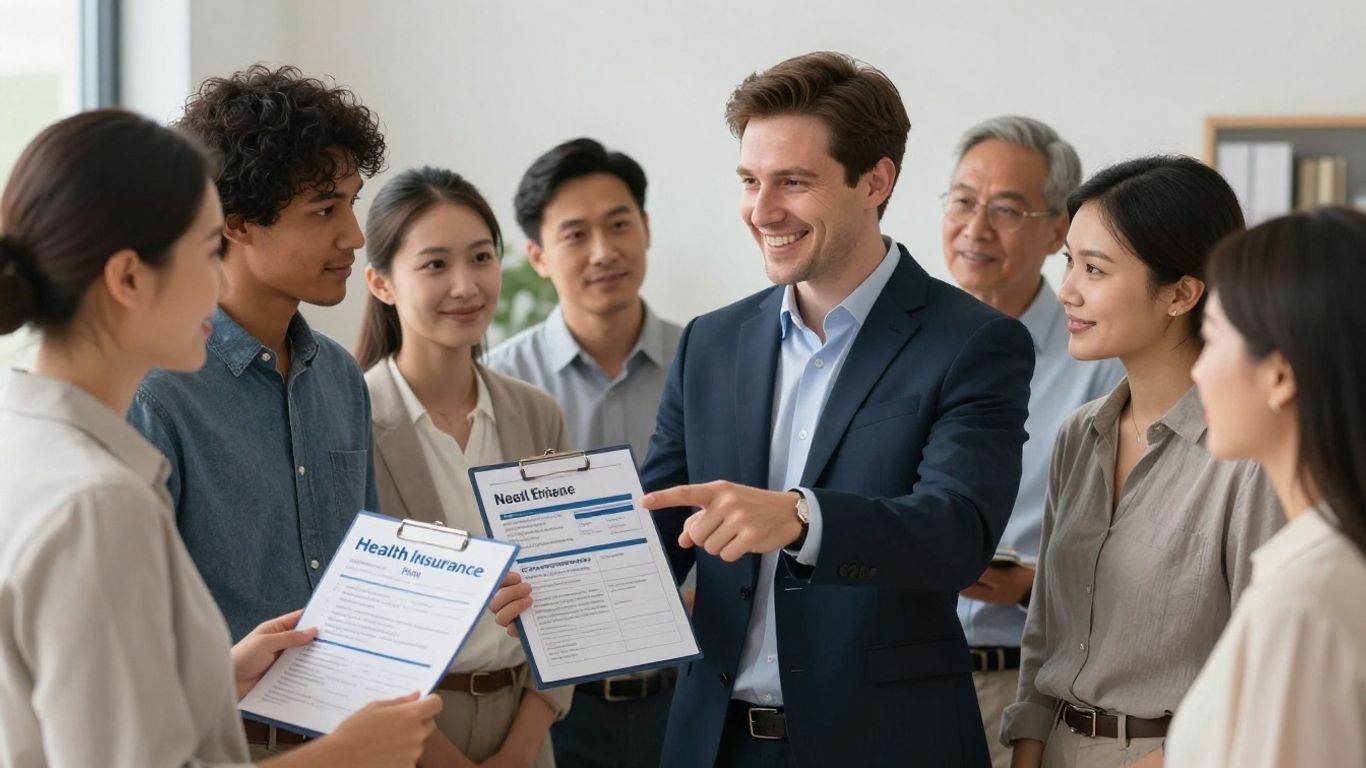 Person helping others choose health insurance plans.