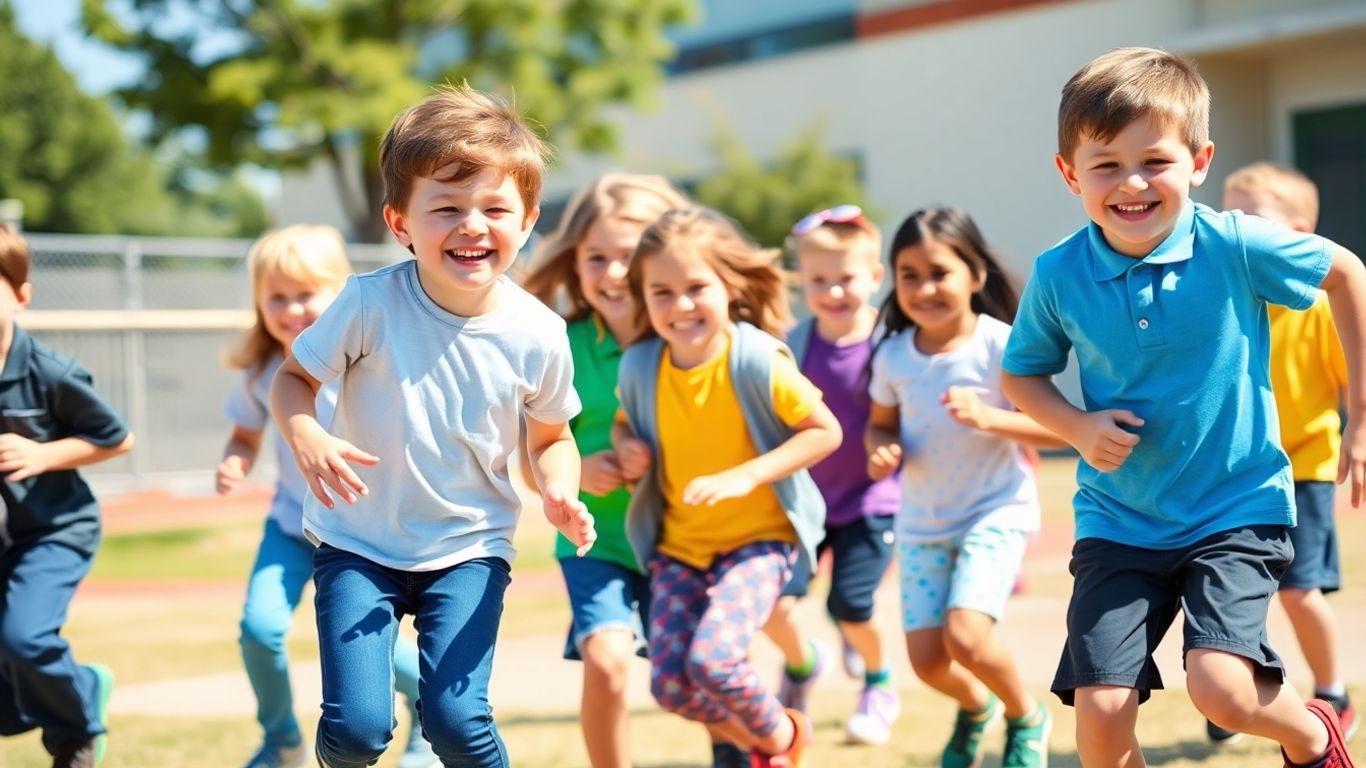 Kinder spielen fröhlich Aufwärmspiele im Freien.