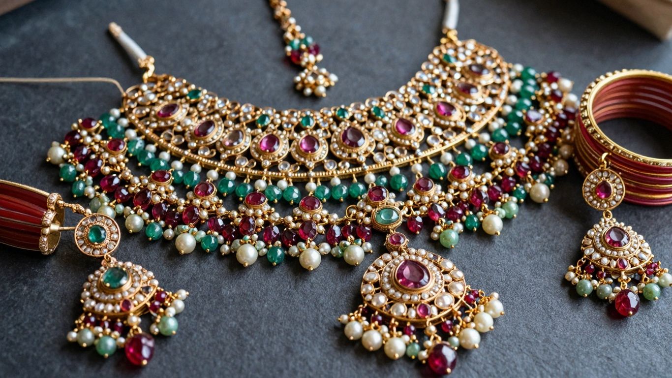 Intricate Kundan bridal jewellery with gemstones and pearls.