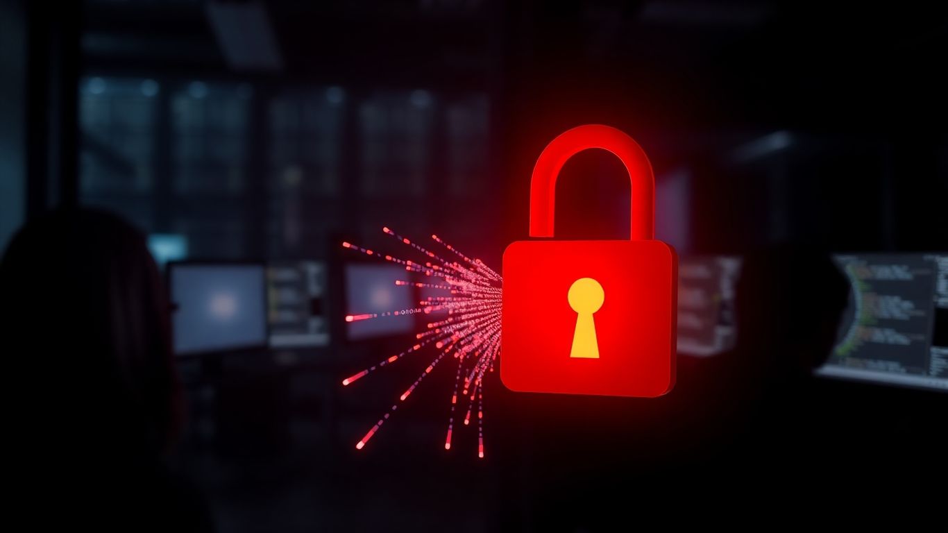 Cracked digital lock with code spilling out, dark background.