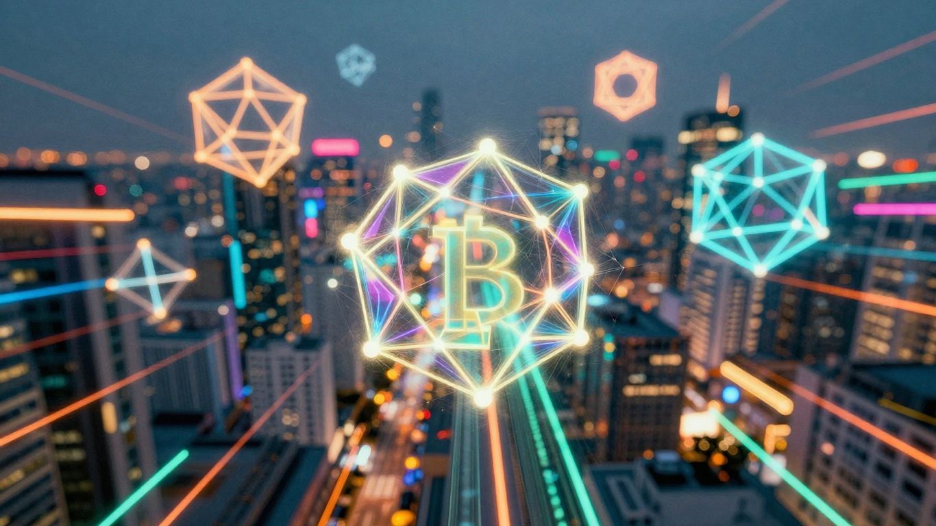 Digital landscape with glowing nodes and futuristic cityscapes.