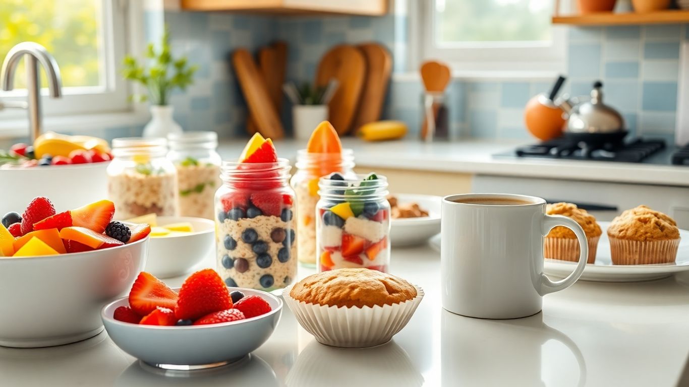 Healthy breakfast spread with fruit, oats, and muffins.