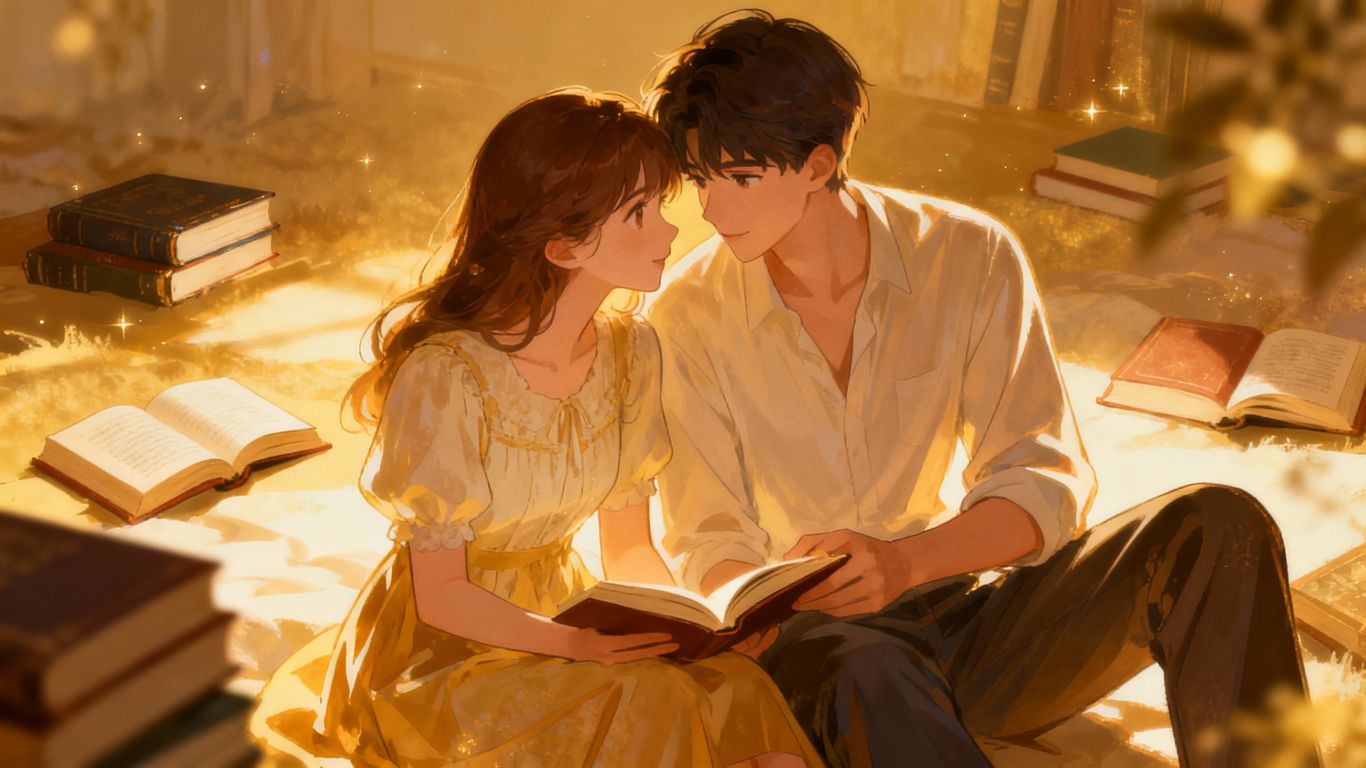 Teen couple reading romance novels together