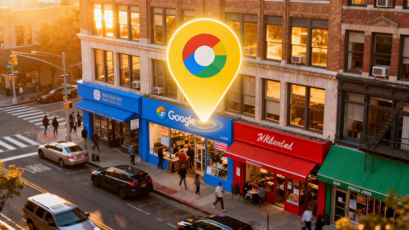 Google Maps pin over city street with businesses