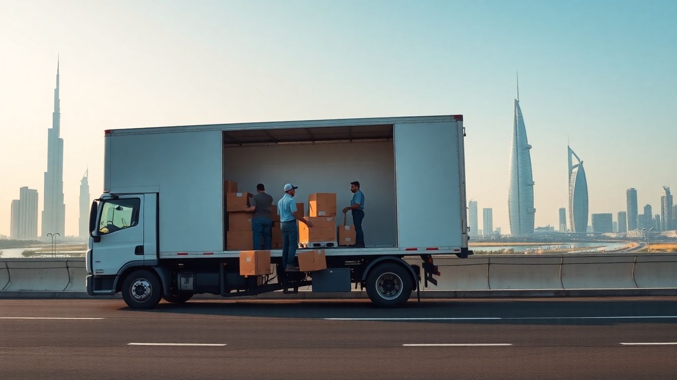 Moving truck between Abu Dhabi and Dubai skylines.