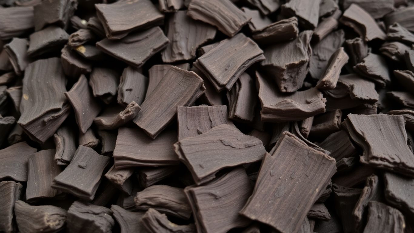 Dark, resinous oud wood chips close-up.