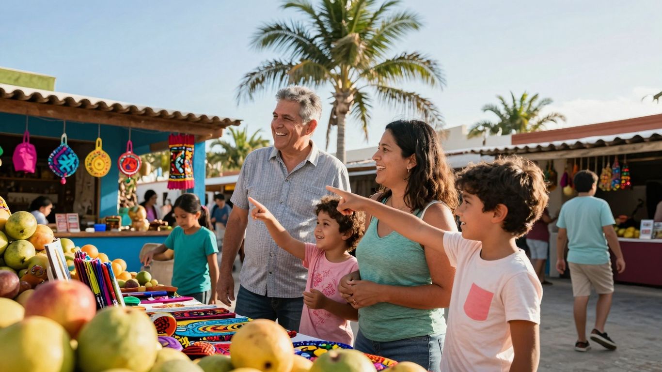 Family exploring a vibrant Cabo market with kids.