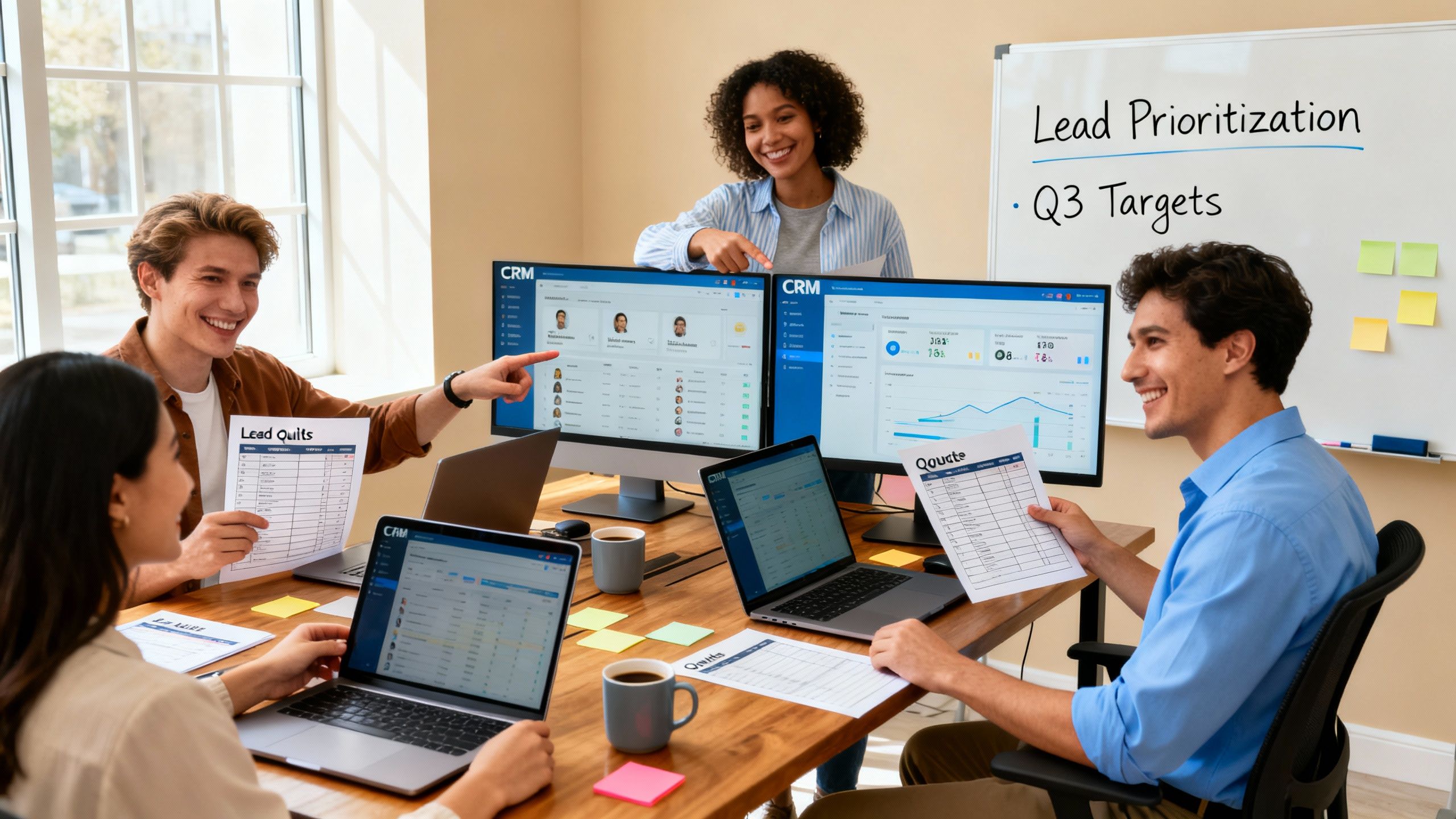 Generic scene of a startup sales team collaborating on lead management and quoting inside a CRM environment