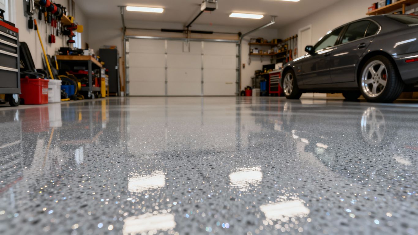 Garage with shiny, new epoxy flooring.