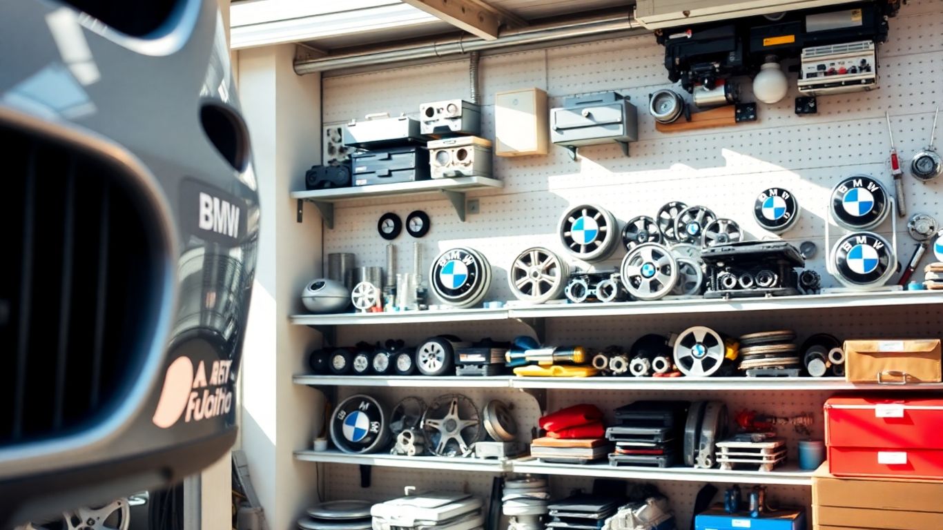 Organized BMW car parts in a workshop