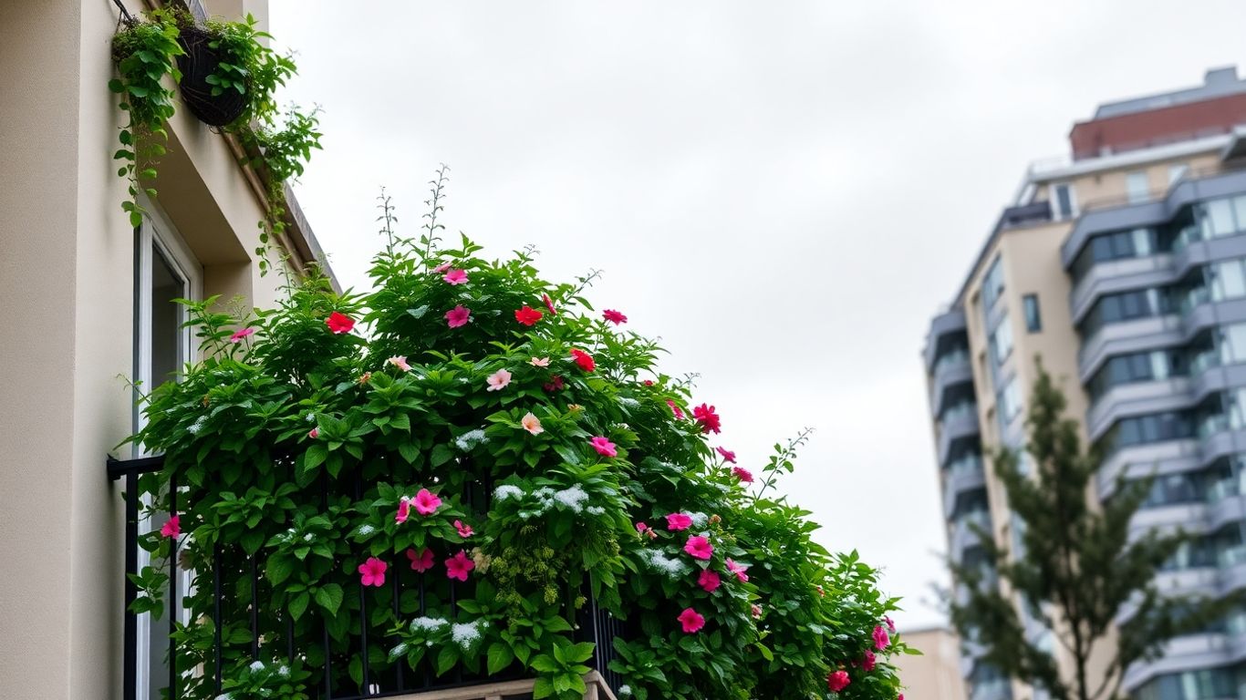 Grüne Pflanzen auf einem städtischen Balkon im Winter