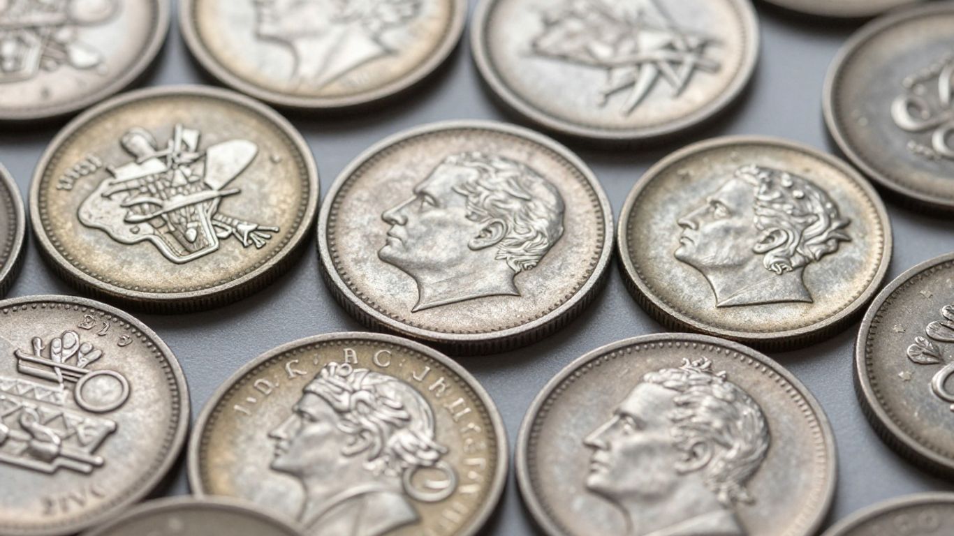 Collection of various silver coins with intricate designs.