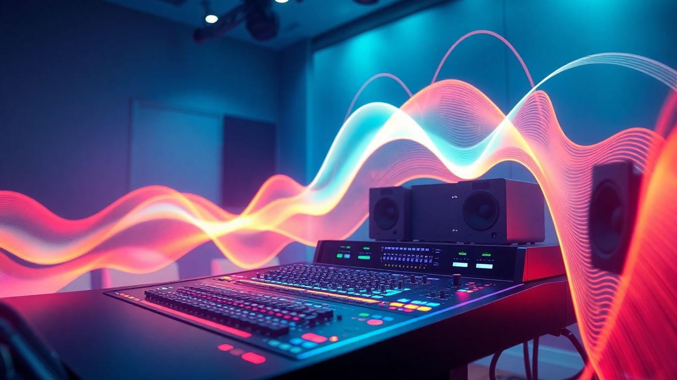 AI mixing music with glowing sound waves.