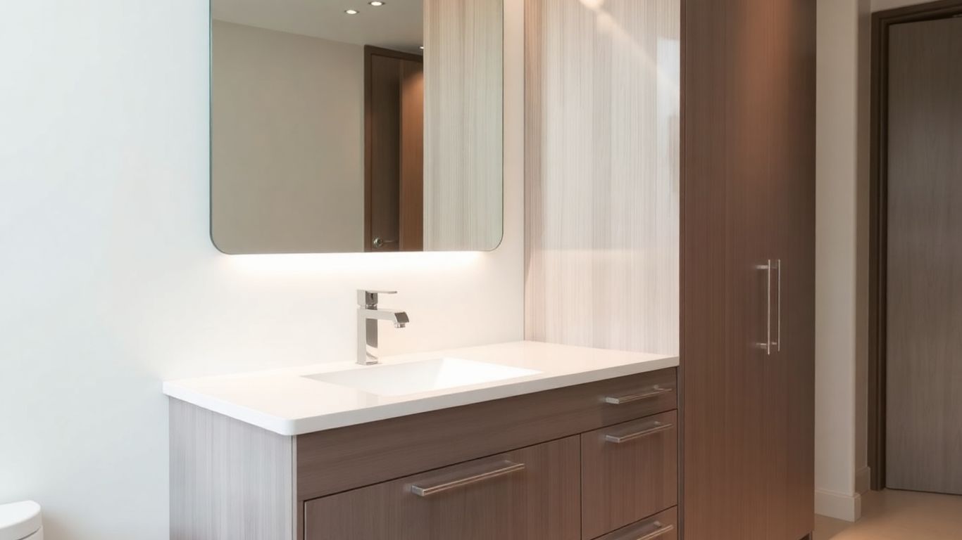Modern bathroom vanity with mirror and storage.
