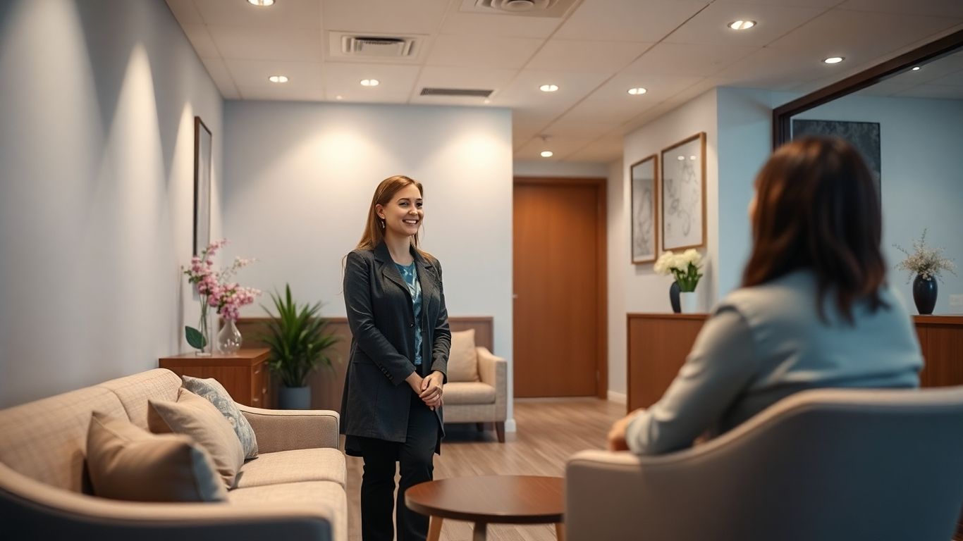 Clinic reception with smiling staff and patient.