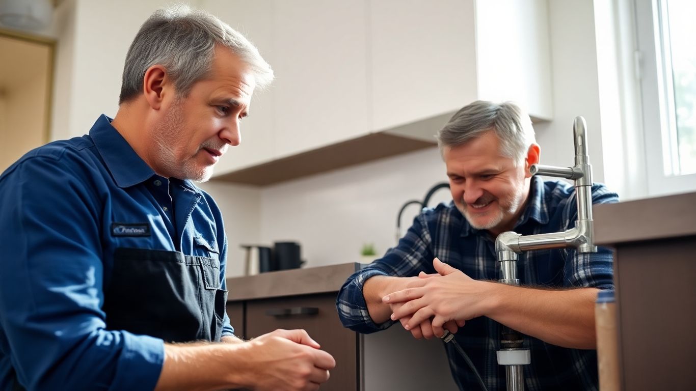 Técnico arreglando tubería rota en cocina moderna.