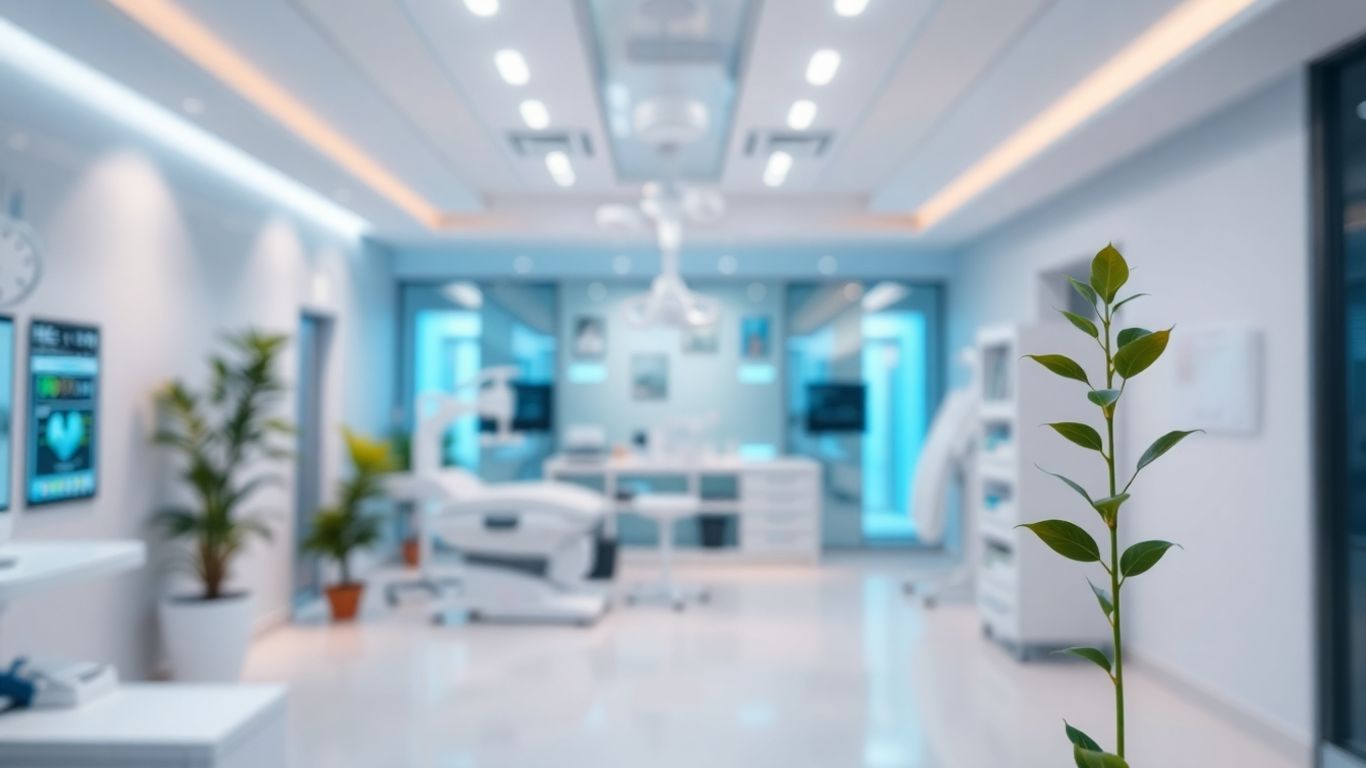 Modern clinic interior with advanced technology and patient care elements.