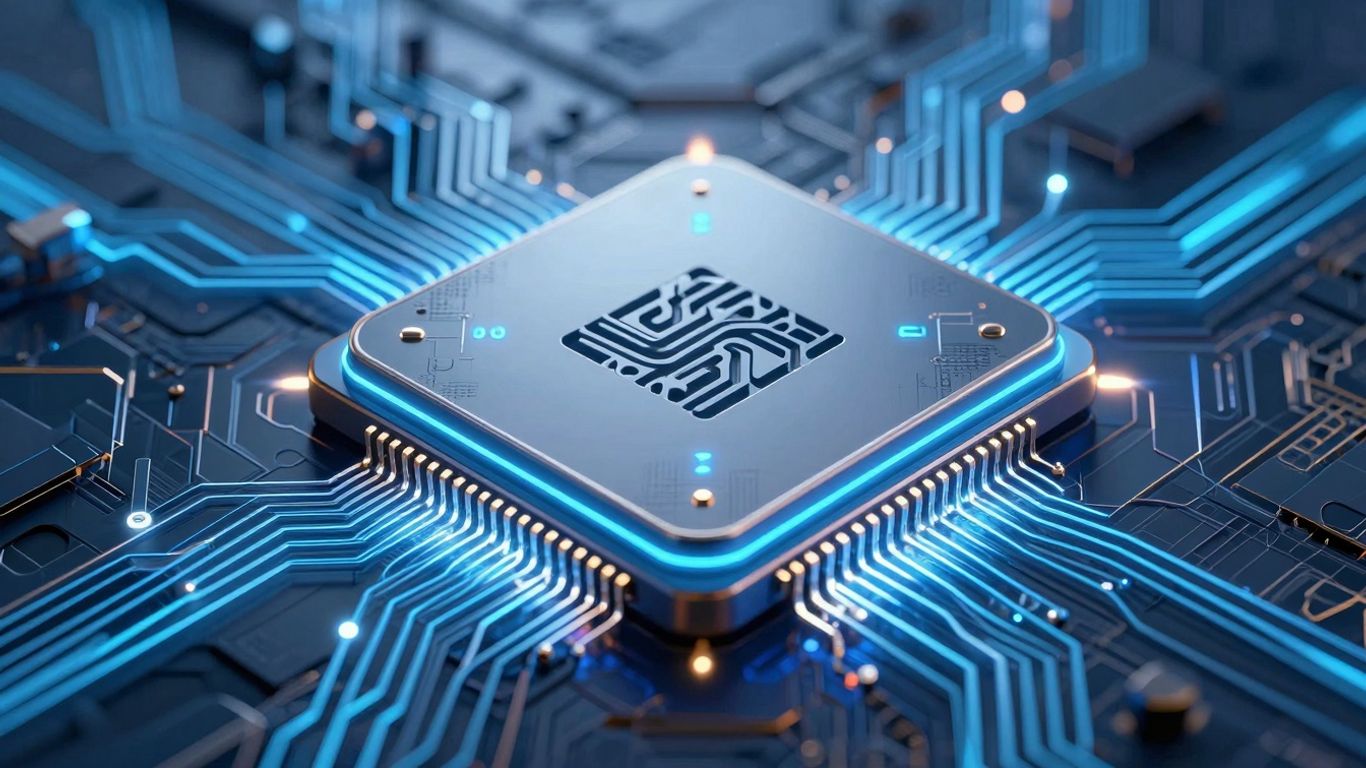 Tesla AI5 chip with glowing blue circuitry.