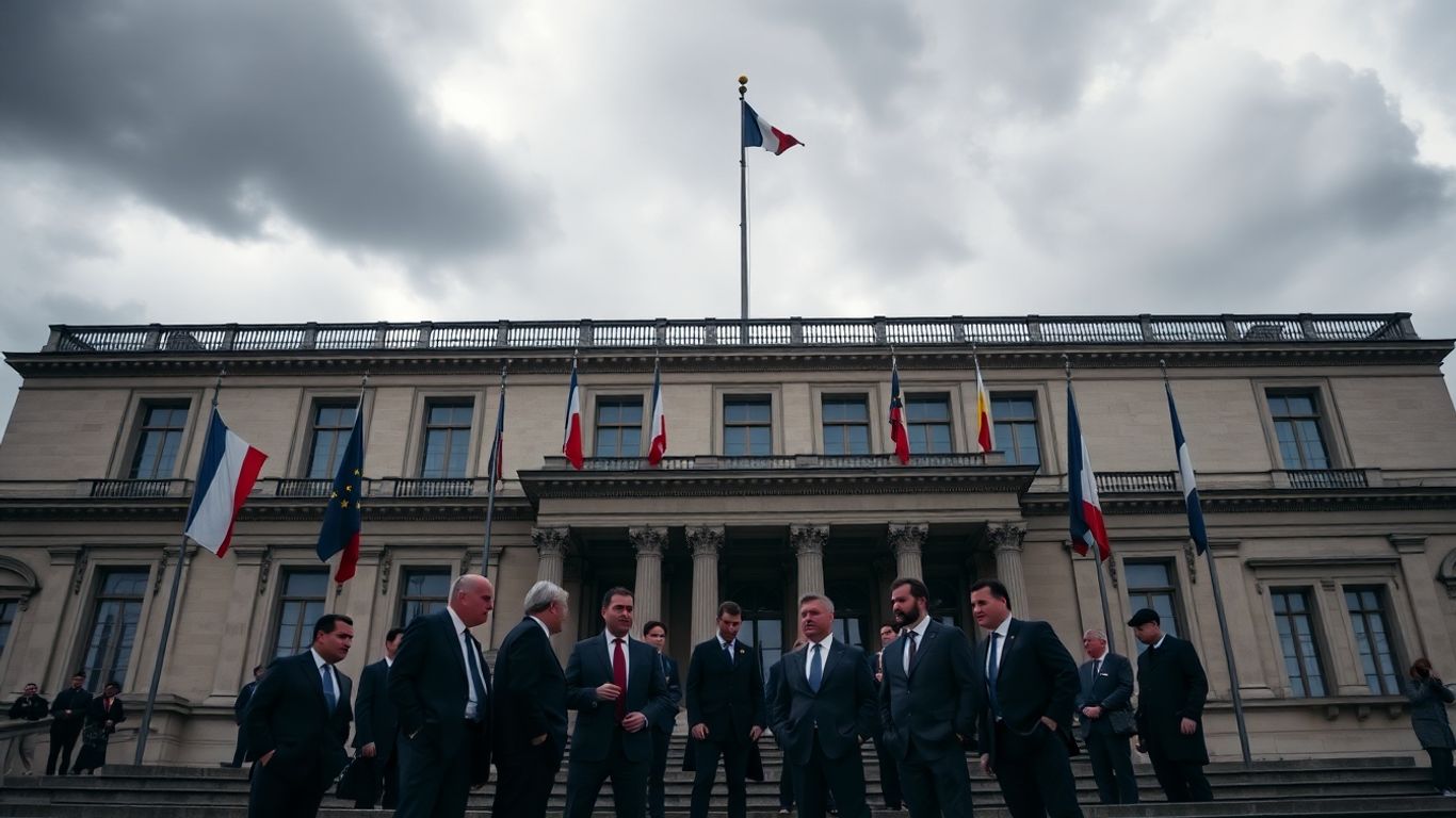 Politiciens français devant l’Assemblée nationale, ciel sombre.