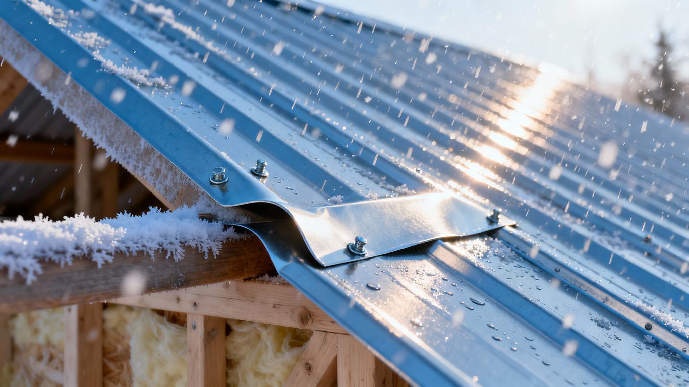 Winter metal roof installation with snow.
