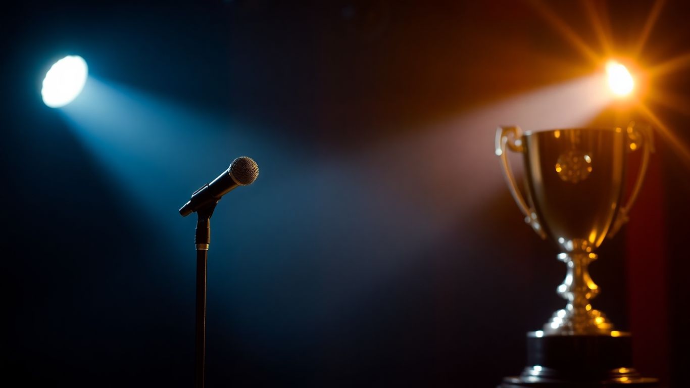 Comedy stage with microphone and gleaming trophy.