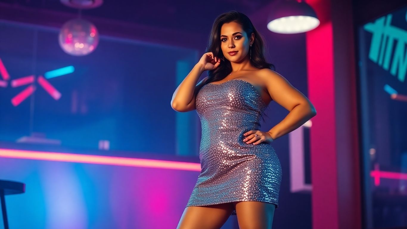 Plus size woman in a sequined club outfit.