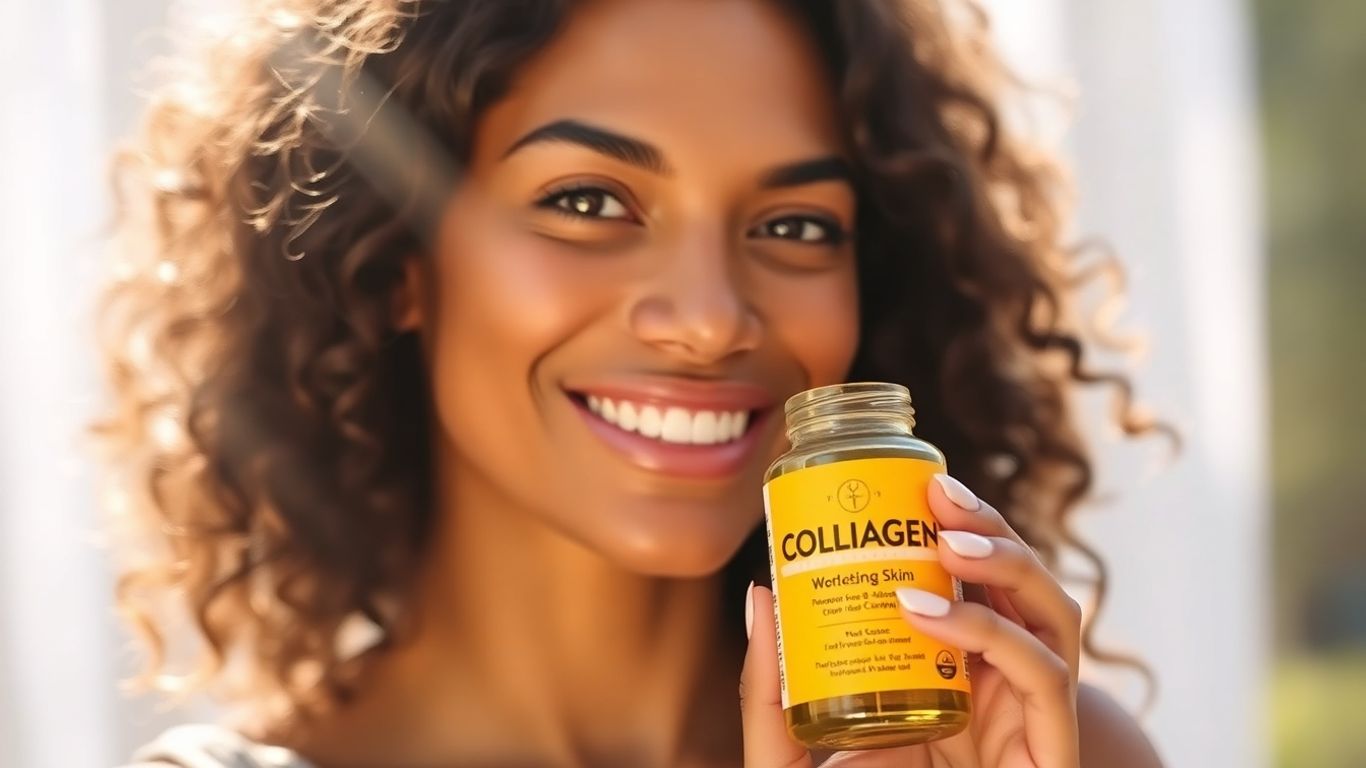 Femme souriante tenant une bouteille de collagène.