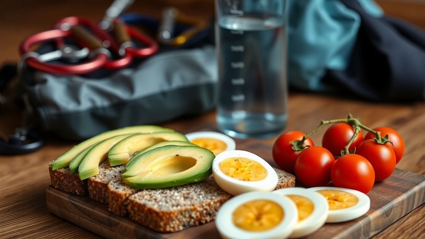 Repas sain avec équipement d'escalade sur une table en bois.
