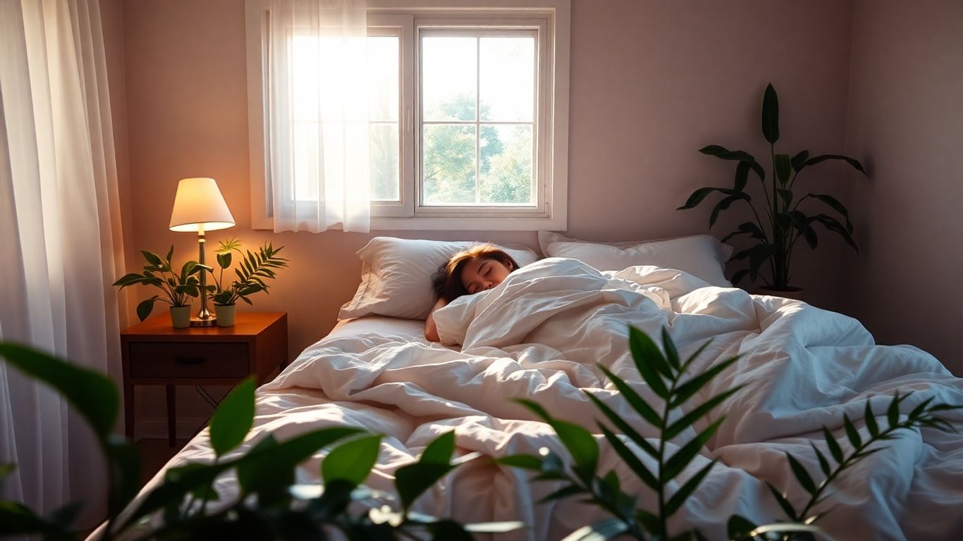 Person sleeping peacefully in a sunlit bedroom.