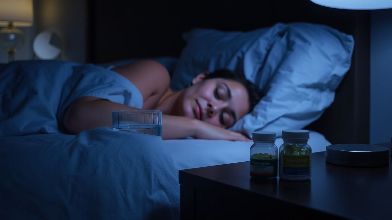 Homme dormant paisiblement, verre d'eau et suppléments sur table de nuit.