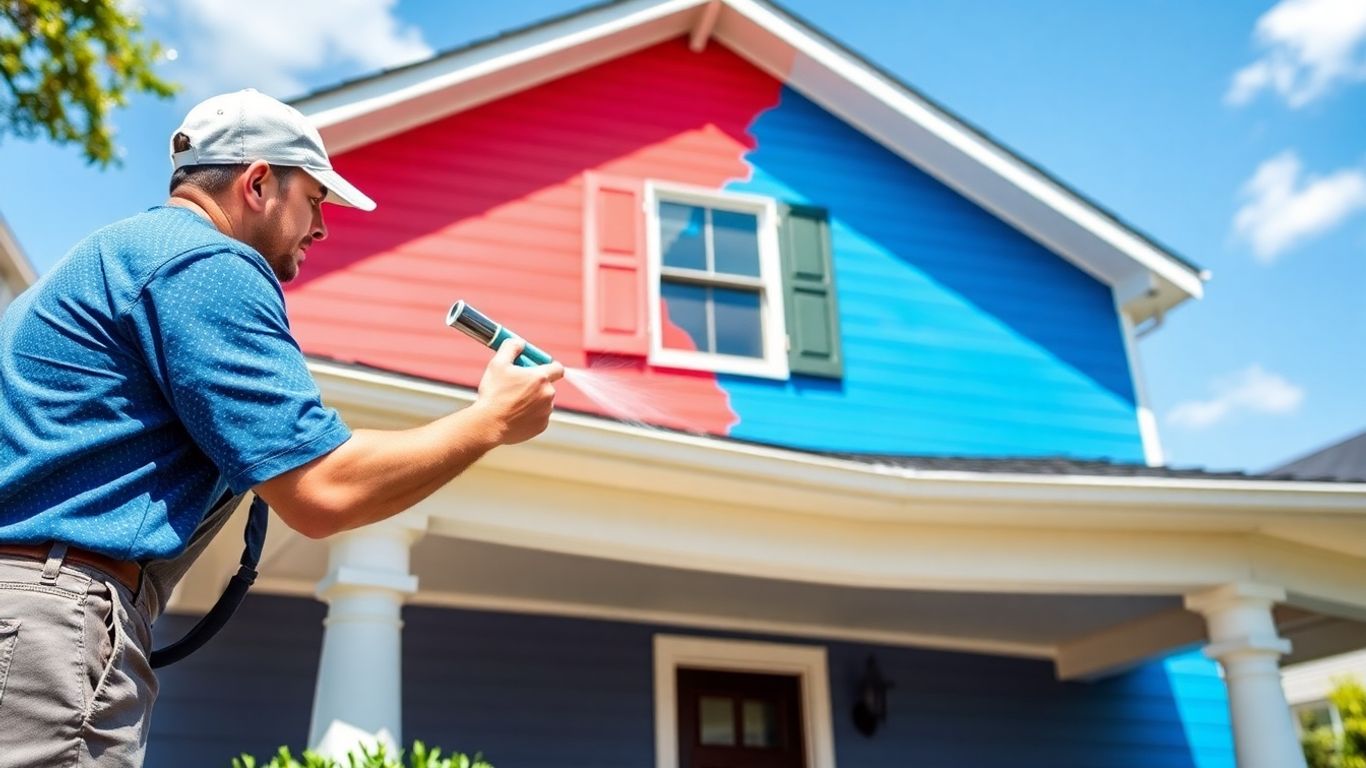Painter applying fresh paint to a house exterior.
