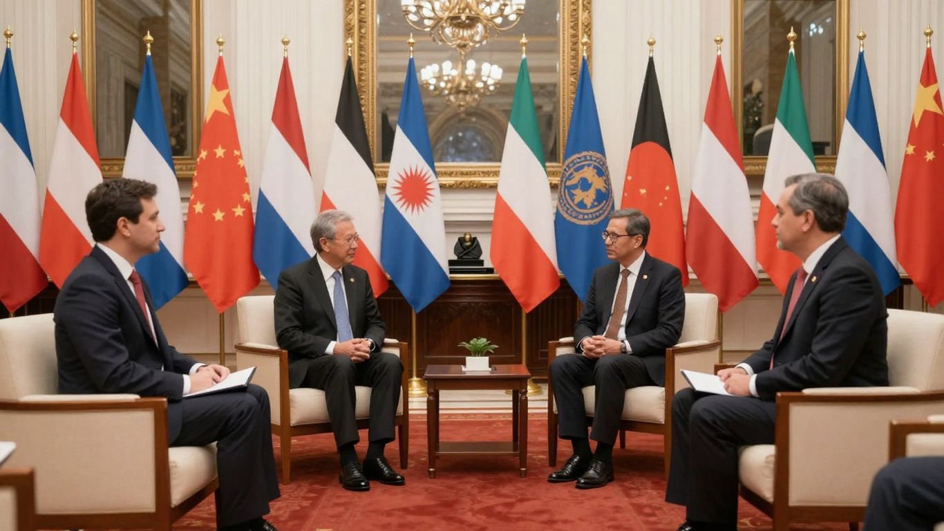 Diplomáticos reunidos en un salón oficial.