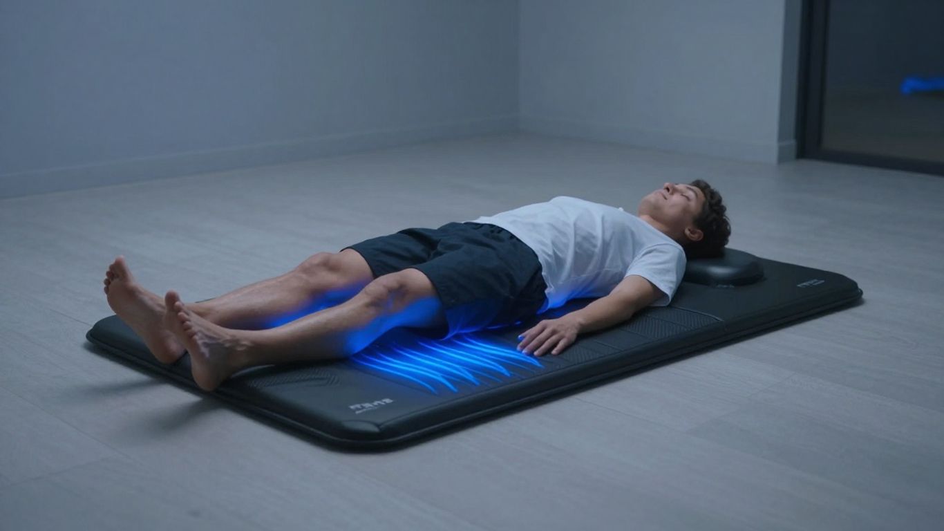 Person relaxing on a blue-lit PEMF mat for recovery.