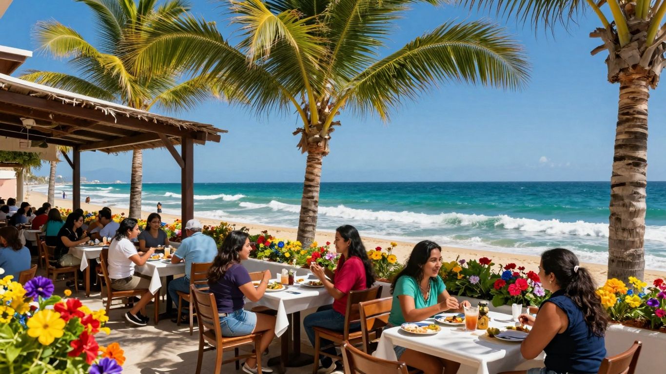 Restaurant patio overlooking turquoise ocean waves and sandy beach.