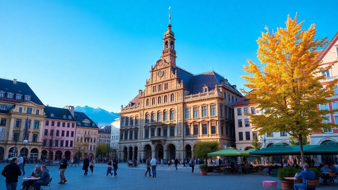 Munich Marienplatz autumn scene with clear blue sky.