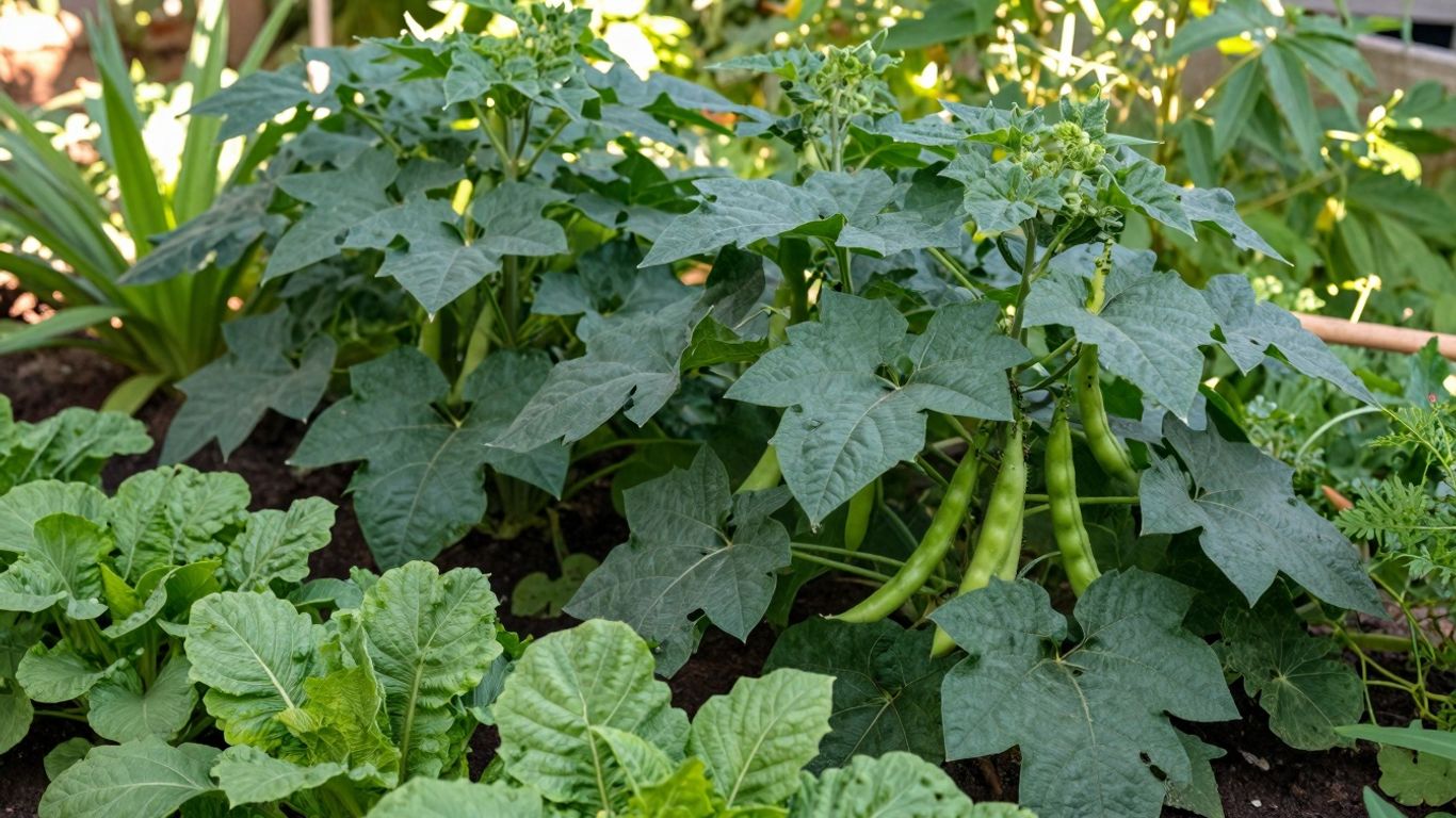 Gemüsegarten im Halbschatten mit Hülsenfrüchten und Blattgemüse