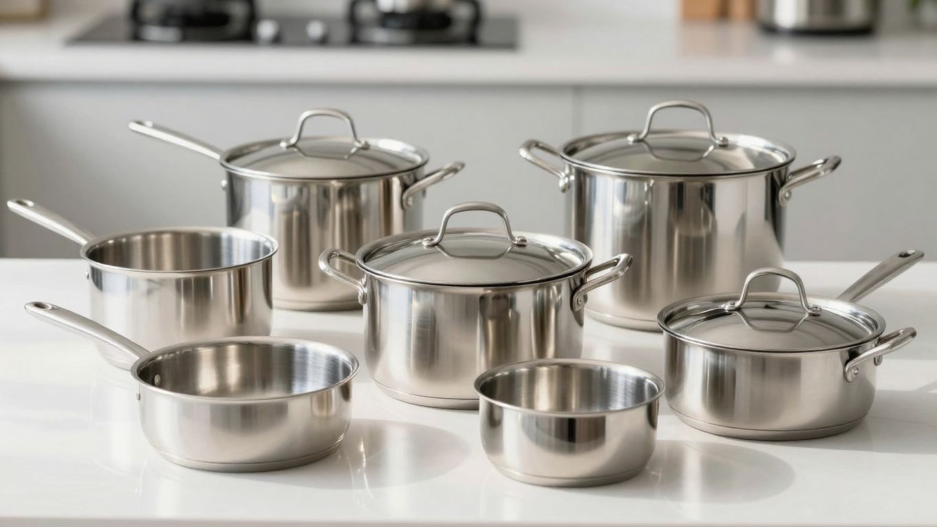 Assortment of shiny stainless steel pots and pans.