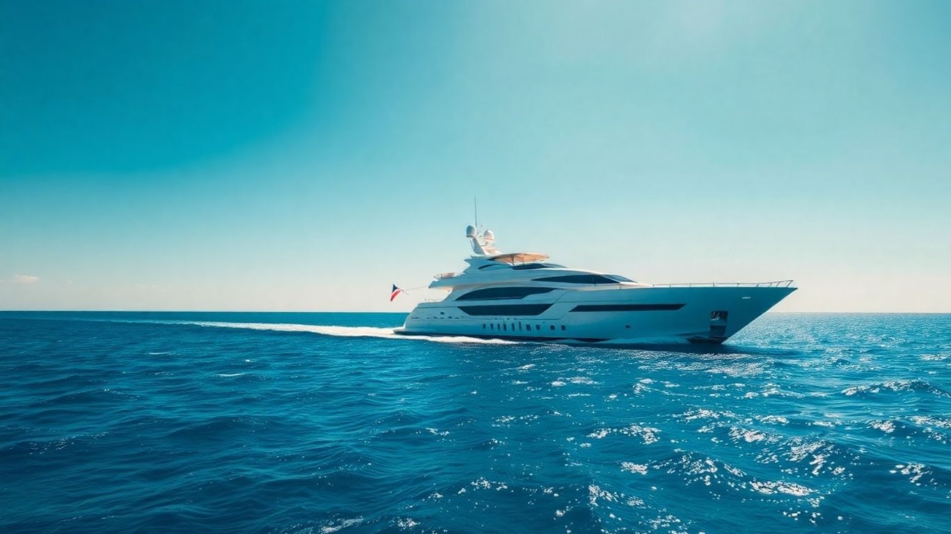 Luxurious yacht sailing on a clear blue ocean.