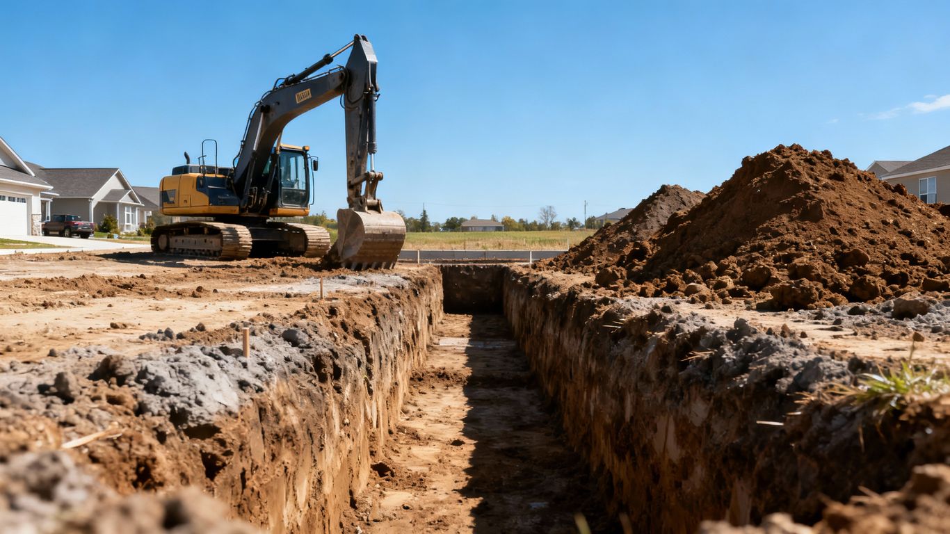Excavation site with trenches for new building foundations.