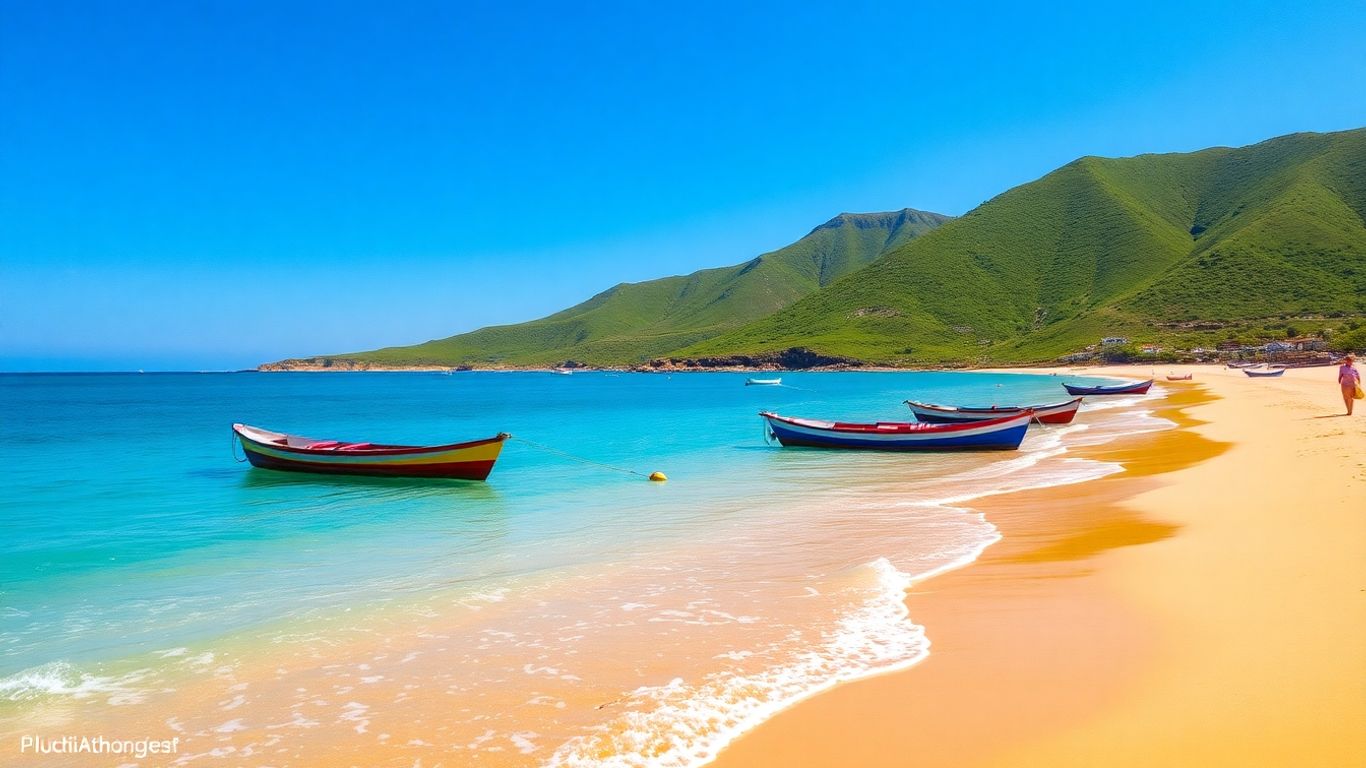 Cape Verde beach with colorful boats and green hills.
