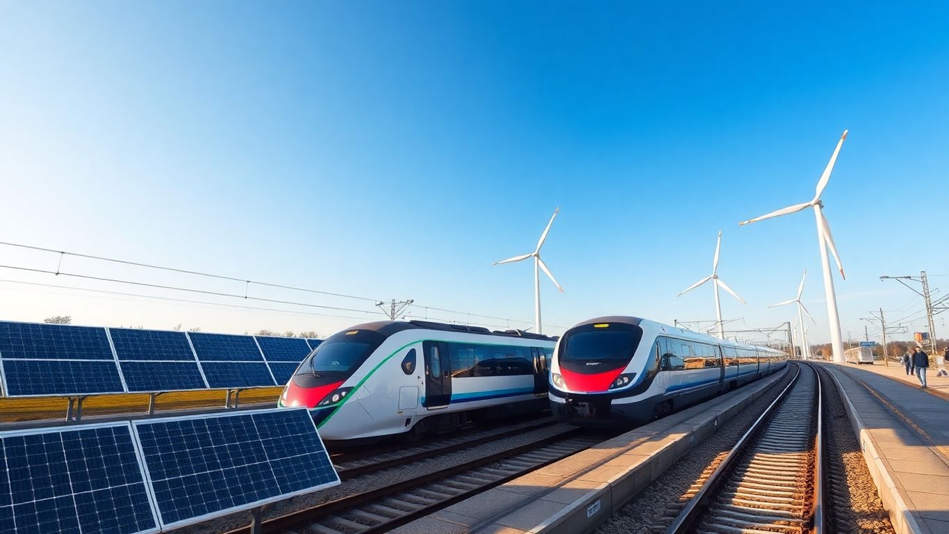 Trains électriques et éoliennes à une gare écologique de la SNCF