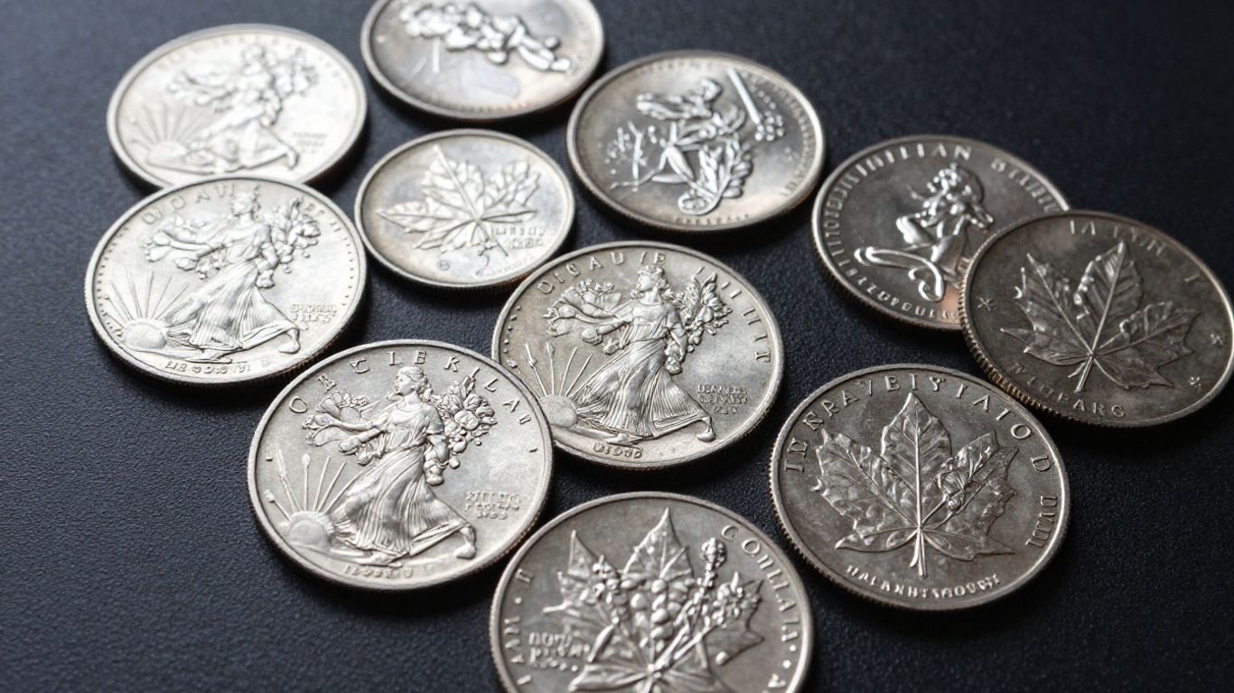 Modern silver coins like Eagles and Maple Leafs.