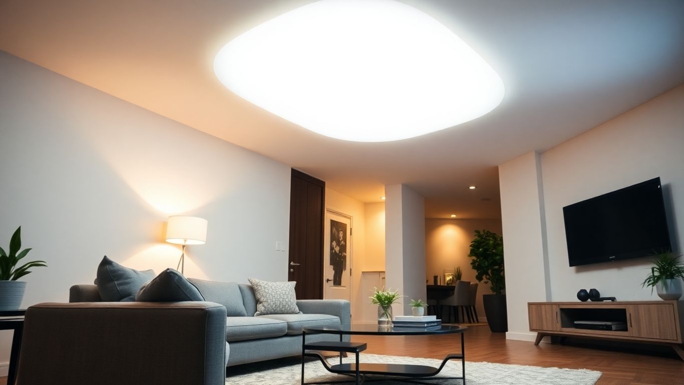 Ceiling LED light illuminating a modern living room.