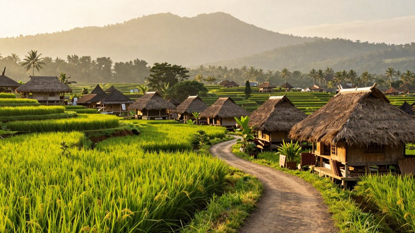 Serene Balinese village with rice paddies and mountains.