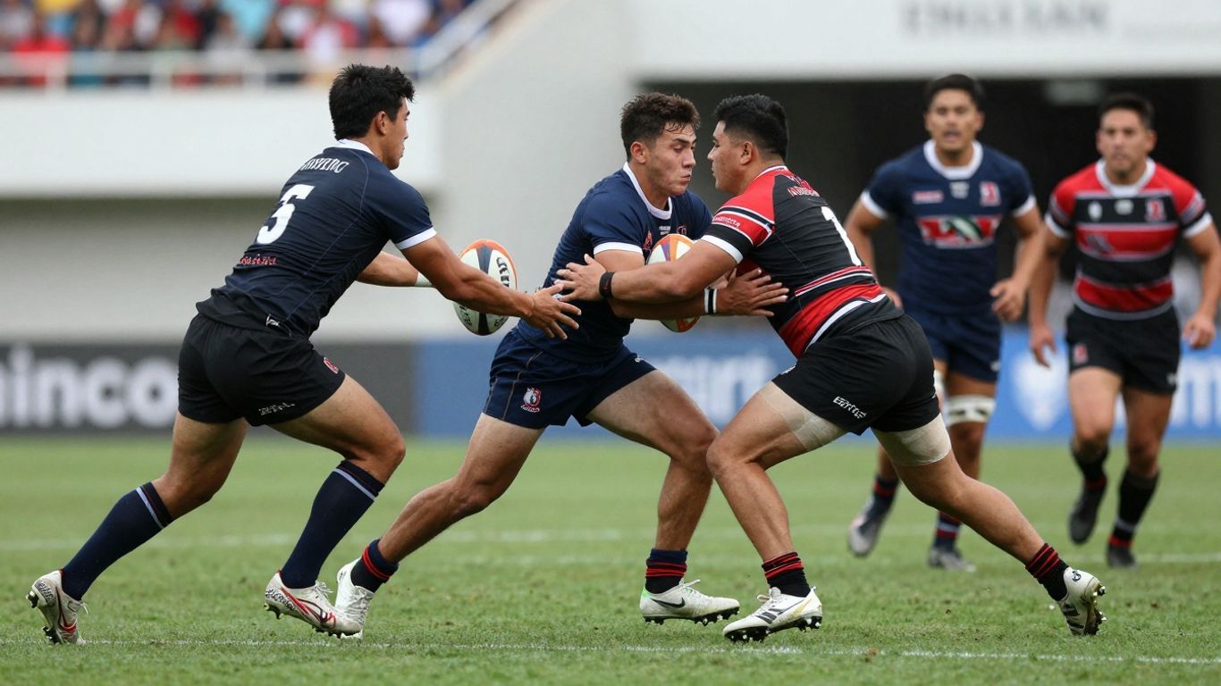 Rugby league players in action on a green field.